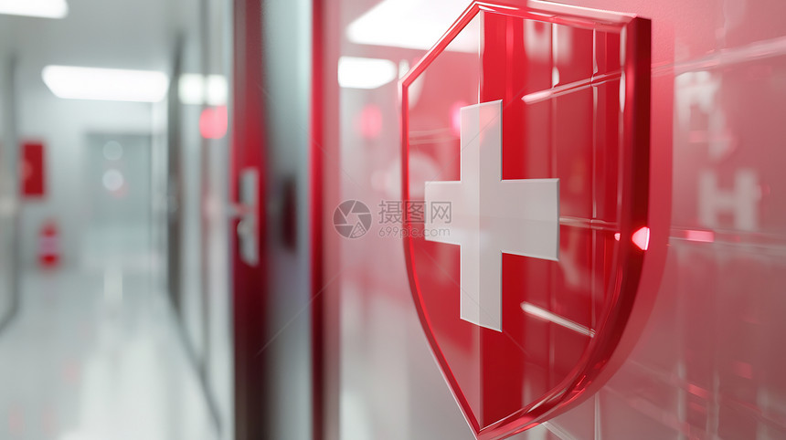 医院走廊墙上挂着一面红底白十字的盾牌图片