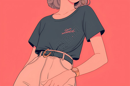 女士T恤粉色裤子与深灰T恤的女人插画