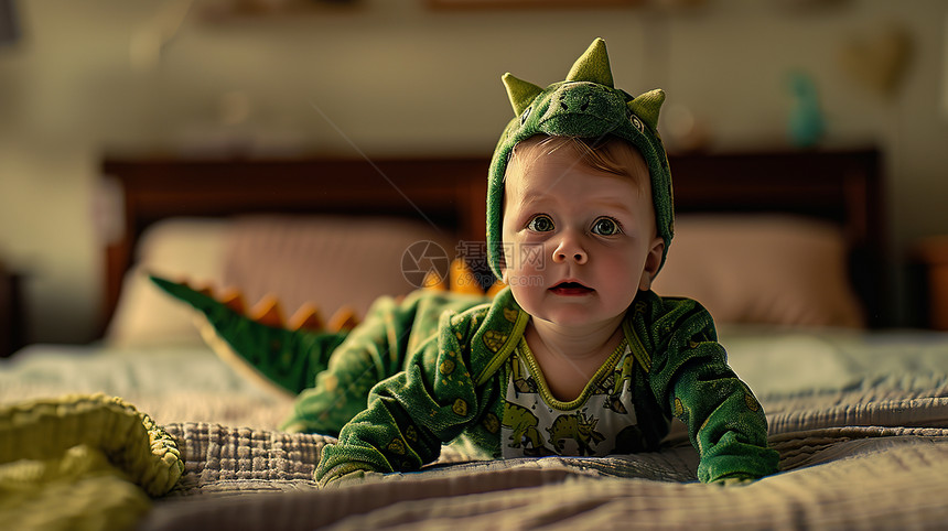 一名宝宝穿着绿色龙装图片