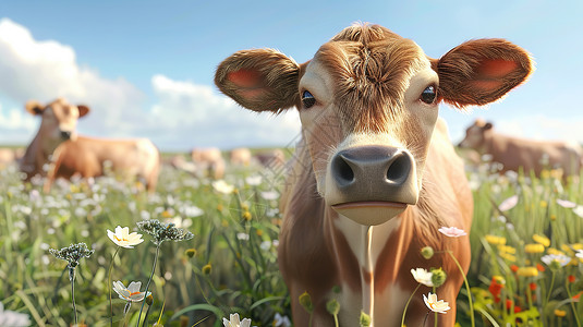 微型畜牧业牛和鲜花插画