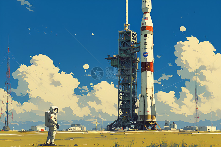 宇航员在阳光明媚的日子里站在火箭旁图片