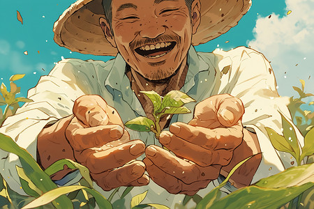 笑容老人稻田间的农夫笑容插画