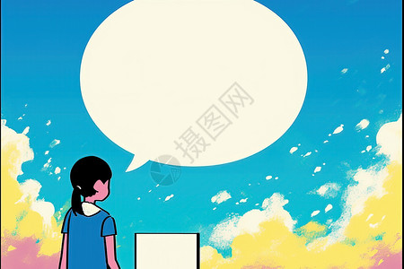 蓝边气泡对话框少女与对话框插画