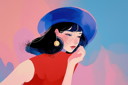 蓝帽女子在粉红背景下插画