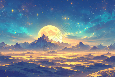戈壁山脉神秘的月光照亮山脉插画