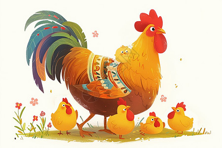 鸡舍春天的田野上一只母鸡与小鸡们插画