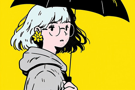 黑夜里的伞雨中黑伞下的女子插画