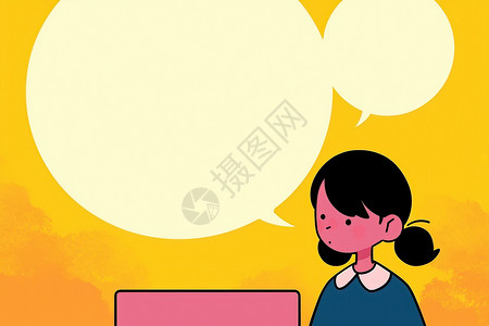 粉色方形可爱气泡对话框思绪万千的女孩与电脑对话插画
