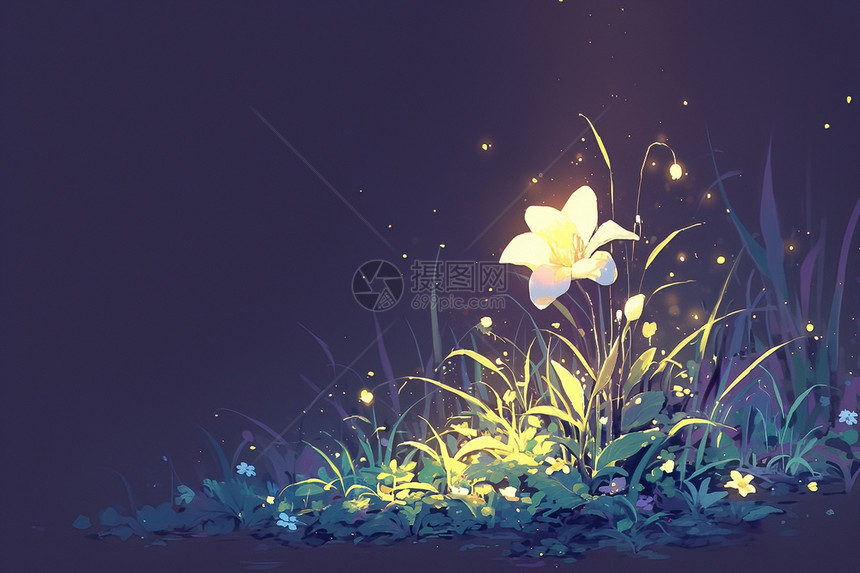 星空下的草地上长着一朵花图片