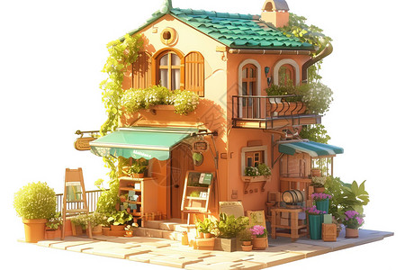 阳台晾晒绿色屋顶的房子插画