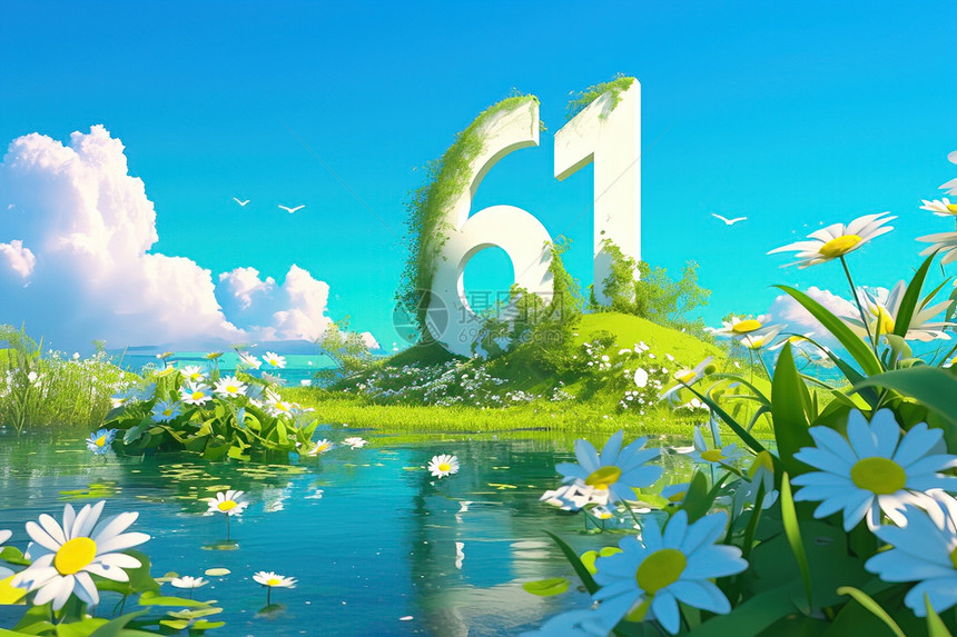 花海中的数字61环绕着花朵和草坪图片