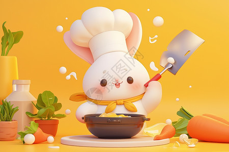 不锈钢锅铲可爱的兔子厨师插画