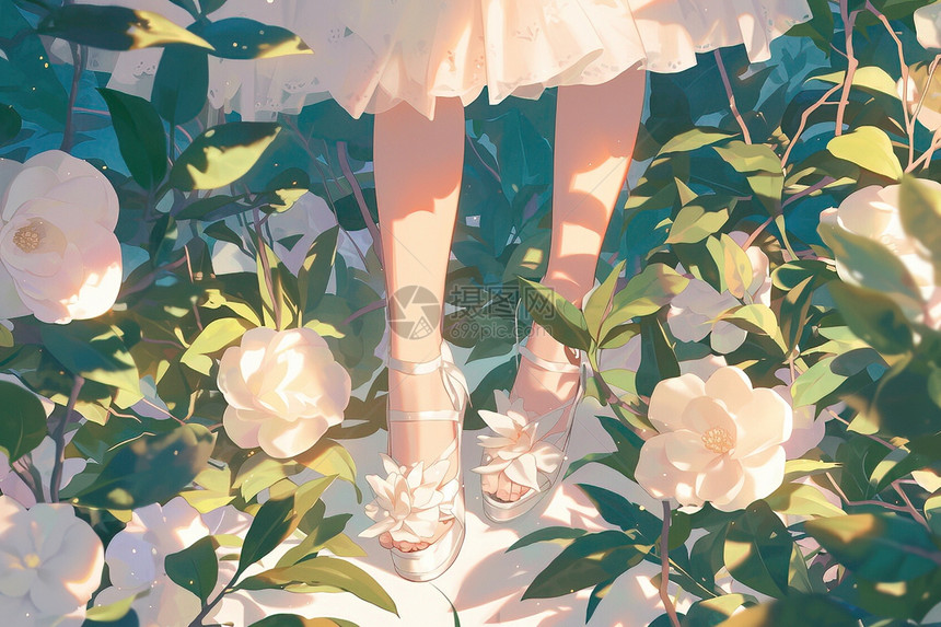 花园中的白裙少女图片