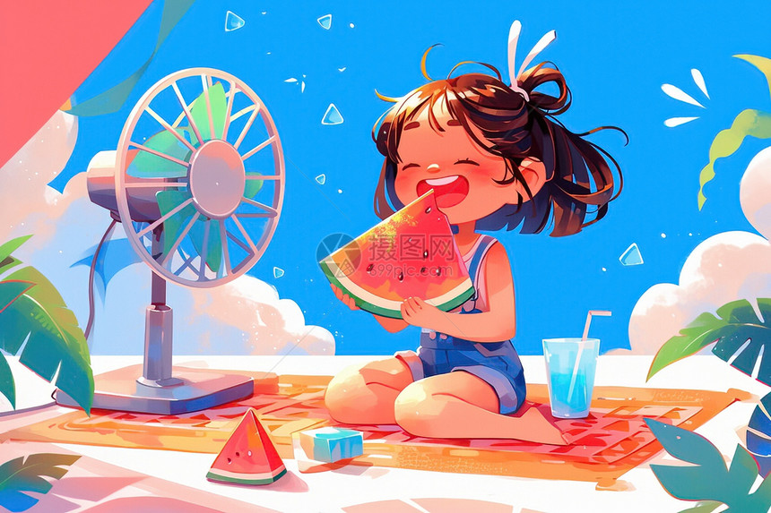 清凉夏日的少女吃着西瓜图片