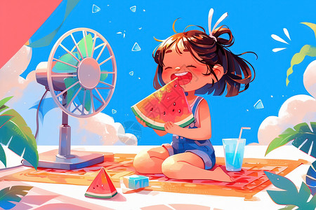 吃大西瓜孩子清凉夏日的少女吃着西瓜插画