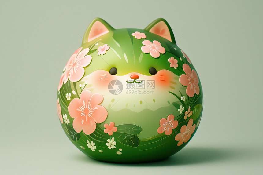 粉红花朵点缀的绿色猫咪摆件图片