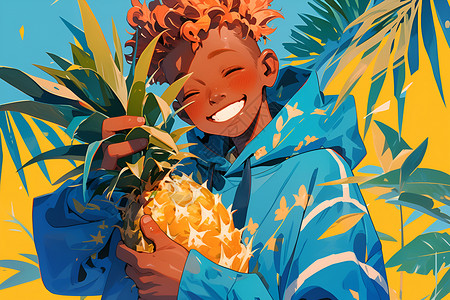 手拿菠萝男性欢乐的果实与热带背景插画