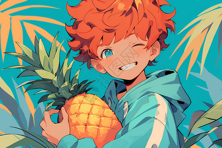 手拿菠萝男性欢乐果园中的红发男孩插画