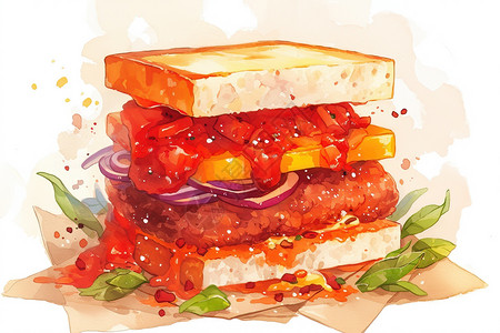 牛排鸡扒饭饭纸上的三明治肉和蔬菜插画