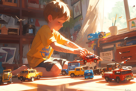 儿童房间壁画房间里的男孩在玩玩具卡车插画