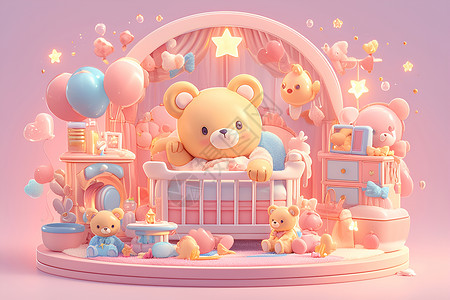 双床房甜蜜宝贝的粉色梦幻世界插画