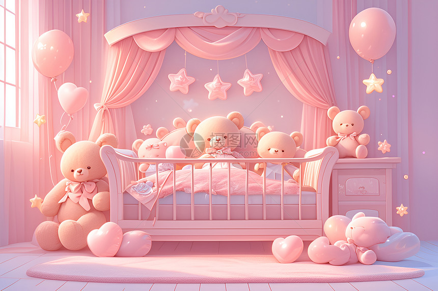 婴儿床上的粉色童话世界图片