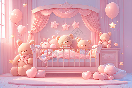 圆床房婴儿床上的粉色童话世界插画