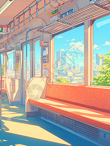 地铁座位橙色长椅的车厢插画