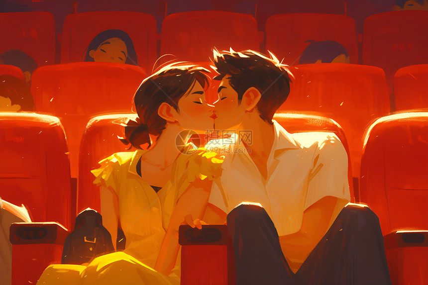 电影院中热吻的情侣图片
