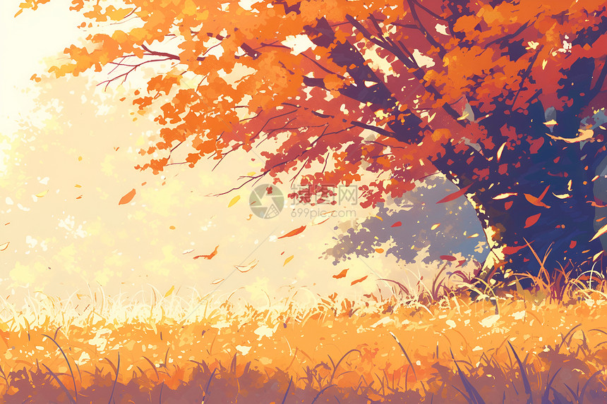 秋天里的彩绘树与落叶图片