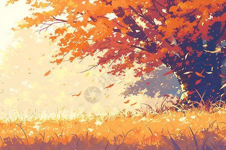 秋天里的树秋天里的彩绘树与落叶插画