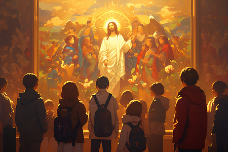 耶稣升天看名画的人们插画