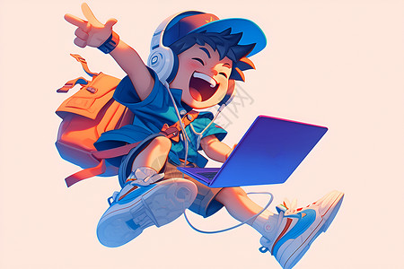 耳机电脑素材玩游戏的欢乐男孩插画