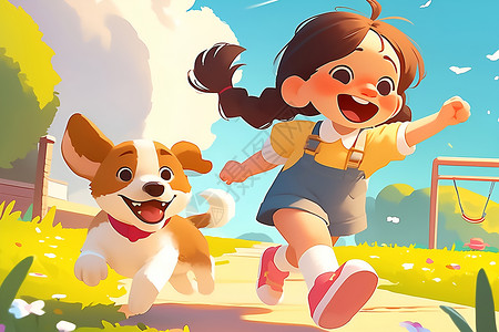 小女孩和她的小狗在学校操场上快乐奔跑高清图片