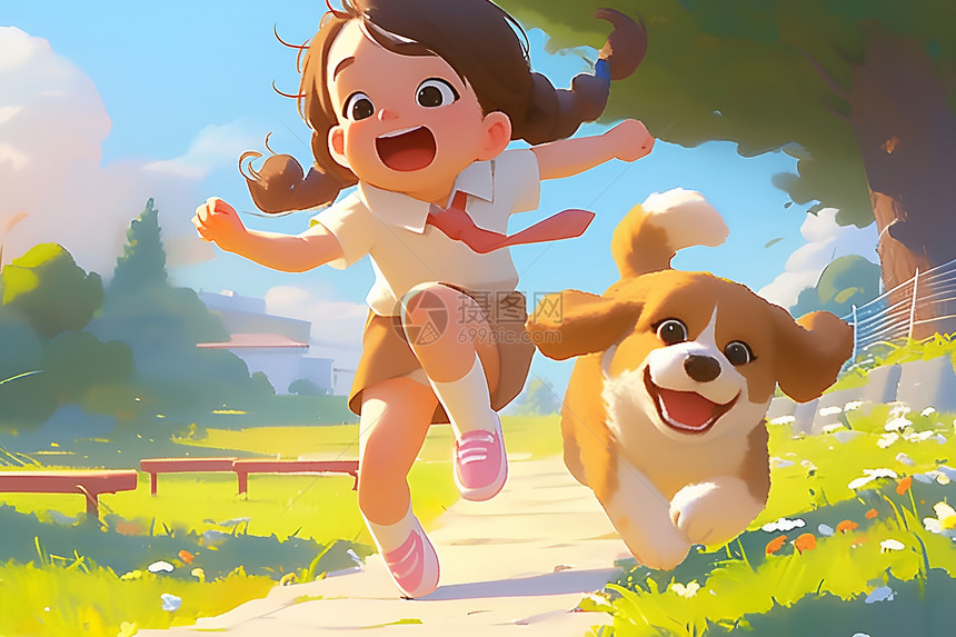 欢快奔跑的小女孩与小狗图片