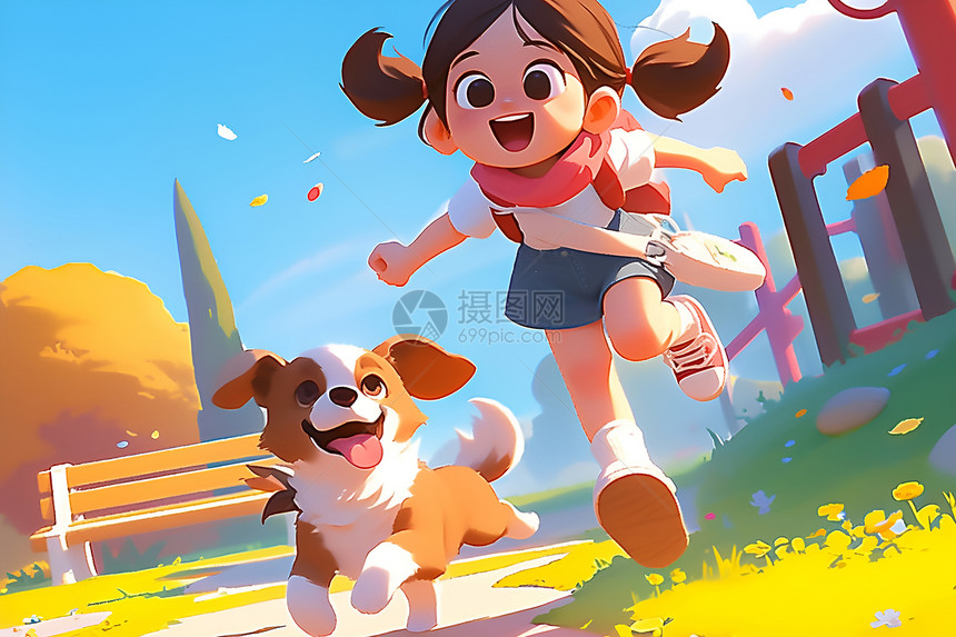 快乐奔跑的女孩和她的小狗图片