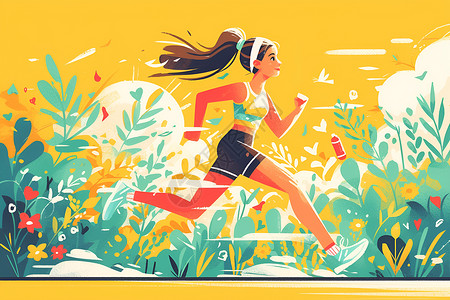 健身女性奔跑绿意盎然的健身女人插画