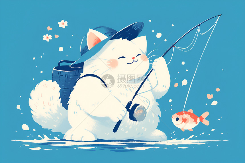 一只戴着蓝色帽子的白猫在钓鱼图片