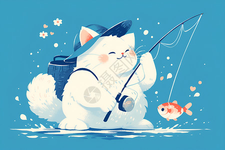 钓鱼佬一只戴着蓝色帽子的白猫在钓鱼插画