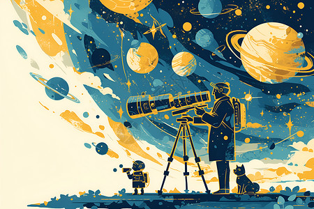 望远镜星空边框探索宇宙的家长和孩子插画