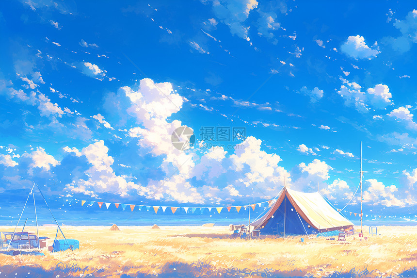 蓝天白云上的帐篷图片