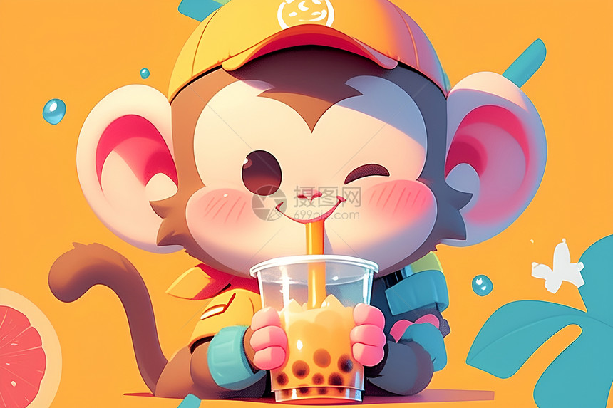 快乐猴子喝奶茶图片