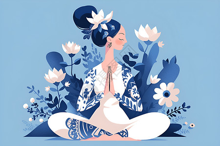 优美瑜伽女士的莲花姿势插画