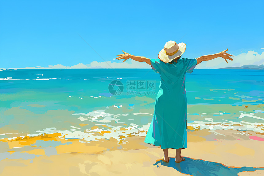 海滩上戴帽子的女子图片