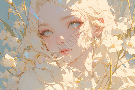 美丽的长发白花中的女孩插画