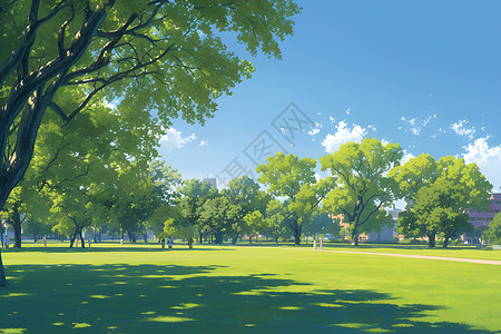 绿树与蓝天公园广阔草坪插画