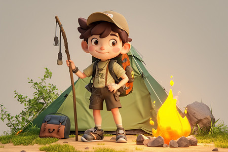 野炊男孩探险少年在篝火帐篷前插画