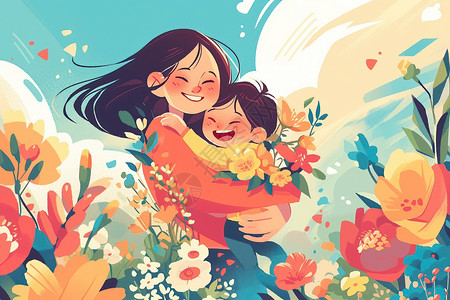 女人抱小孩花海中抱着孩子的女人插画