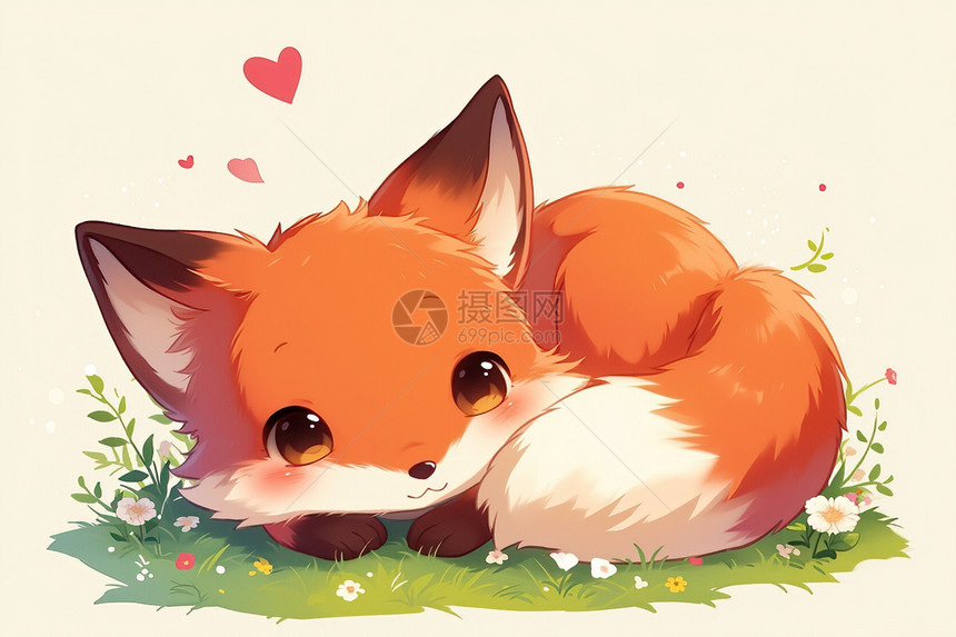 可爱小狐狸在草地上躺着图片