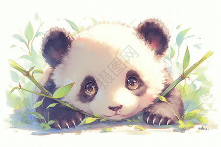 绿叶树枝熊猫躺在地上用嘴叼着一根树枝插画